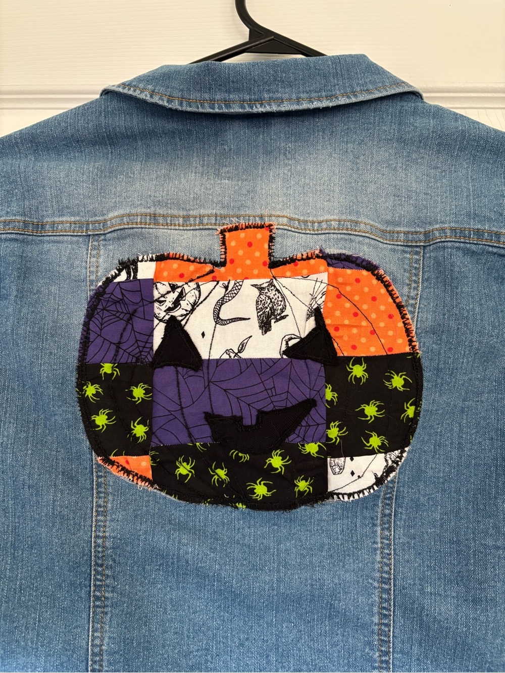 Blue Denim Jacket with Halloween Pumpkin Patch Appliqué by Love Tree, Size S